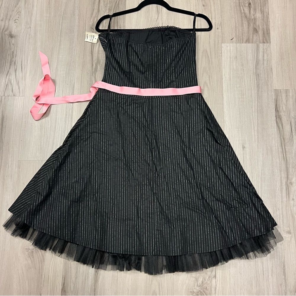 Charlotte Russe black pinstripe party dress sz L pink bow at waist NWT Vintage - Picture 3 of 15